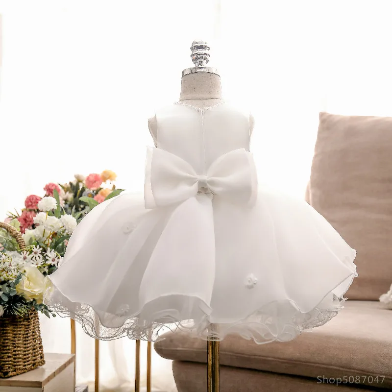 Теперь платья для маленьких девочек платье крещения с 3D цветами тюль бусинами на