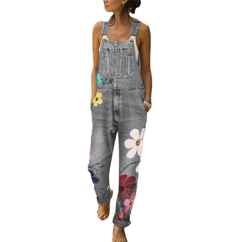 One Piece Denim Jumpsuit for Women Vintage Sleeveless Spaghetti Strap Floral Print Jeans Overalls Ladies Casual Jean Bodysuits |