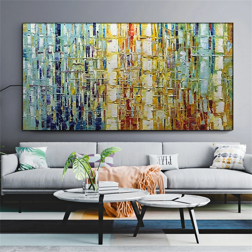 

Hand Painted Living Room Hanging Picture Art Checkered Pattern Wall Art Thick Oil Painting On Canvas Modern Abstract Knife Mural