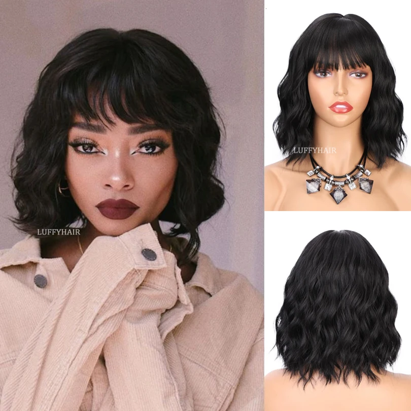 

Cheap 12inch 180% Density Full Wave Human Hair Wigs with Bangs Glueless Short Loose Wave Scalp Top Machine Wig For Women