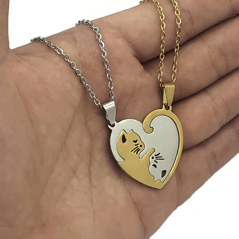 Ожерелье с подвеской в виде сердца и кошки из нержавеющей стали|Ожерелья