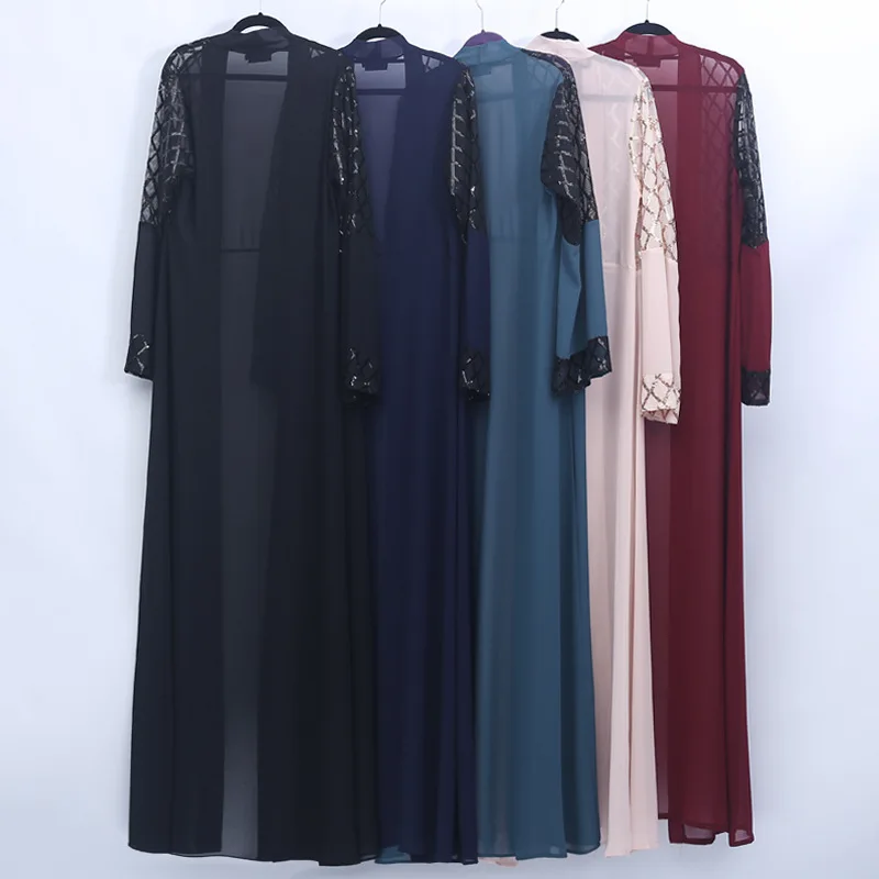 latest Dubai long-sleeved dress Muslim party Abaya ladies Arabian lace cardigan patchwork Turkish Islamic prayer gown robe