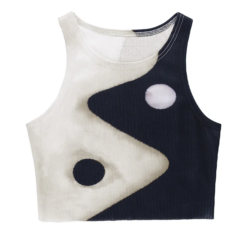 Camiseta corta de verano para mujer, Top corto de retales, Yin & Yang, Tai Chi, sin mangas, 2021