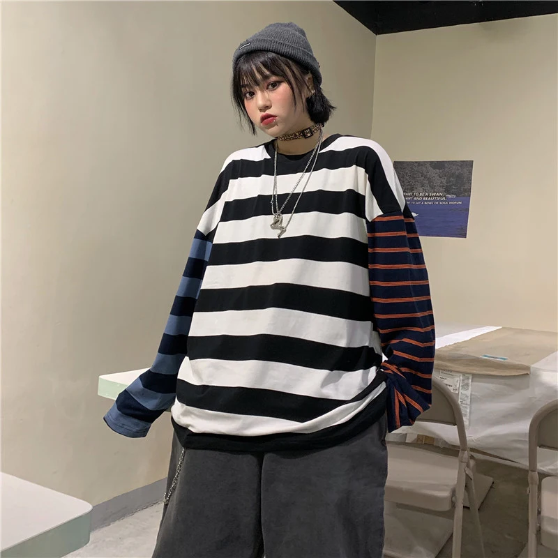 Men Long Sleeve Tshirt Multicolor Striped Casual Loose Streetwear Harajuku Tops Women 2022 Cotton New Couples Matching Clothing