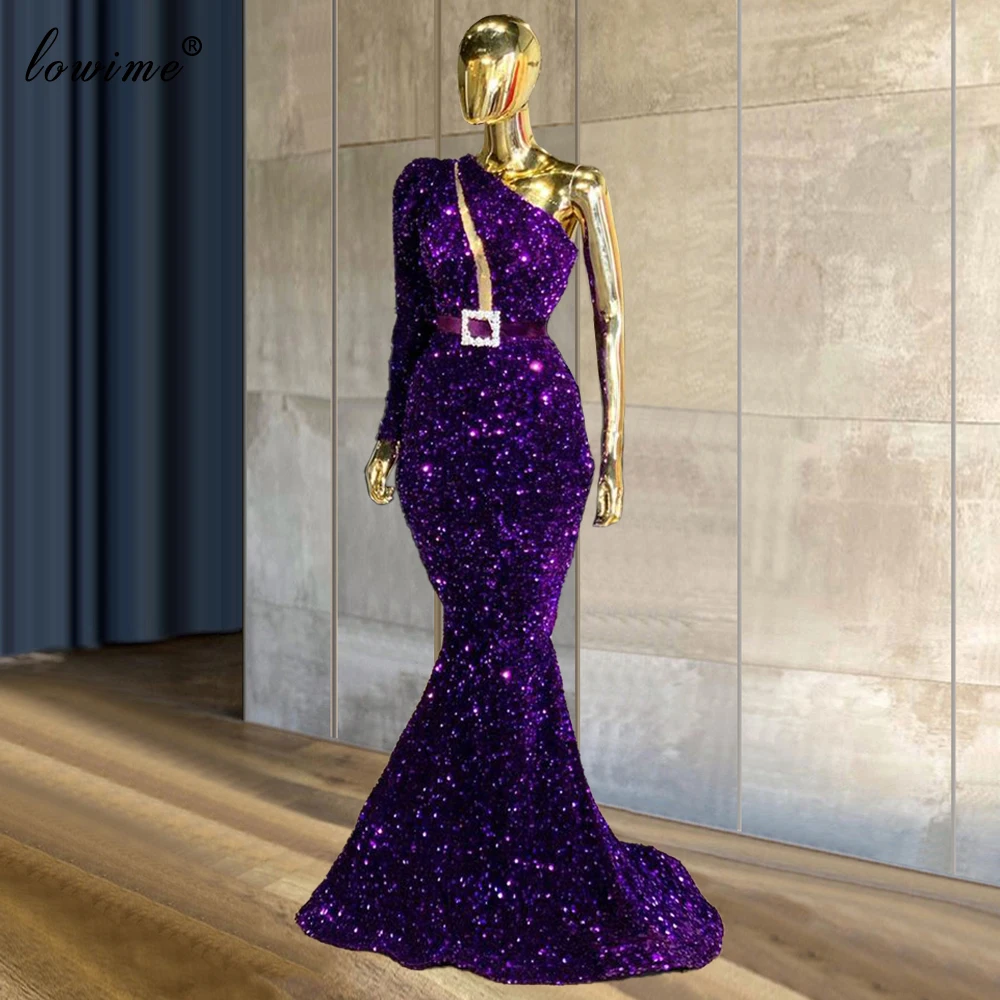 

3 Designs Purple Sequins Prom Dresses For Women One Shoulder Mermaid Cocktail Dresses Evening Wear Plus Size Wedding Party Gowns
