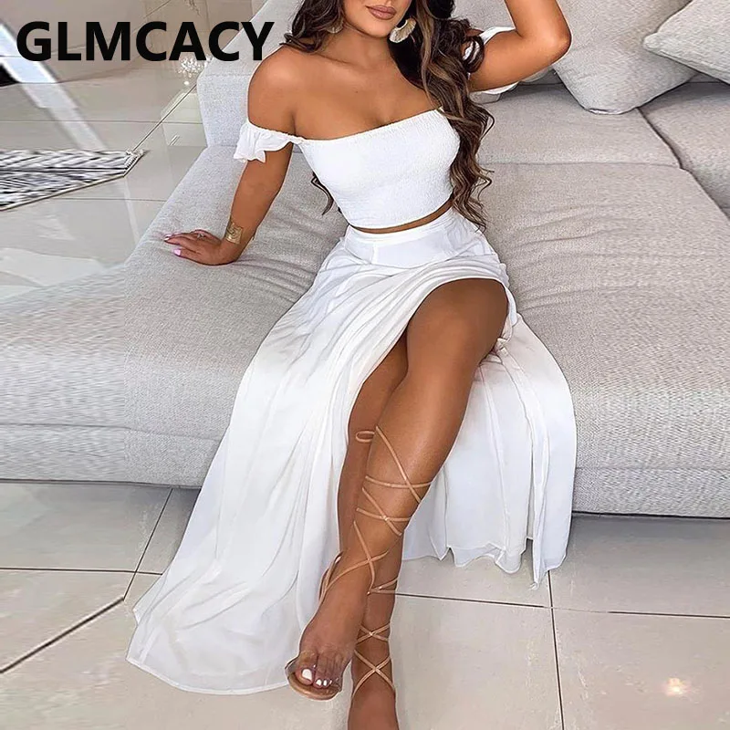 

Women Off Shoulder Ruffles Top & Thigh Slit Skirt Sets Solid Chic Party Suits