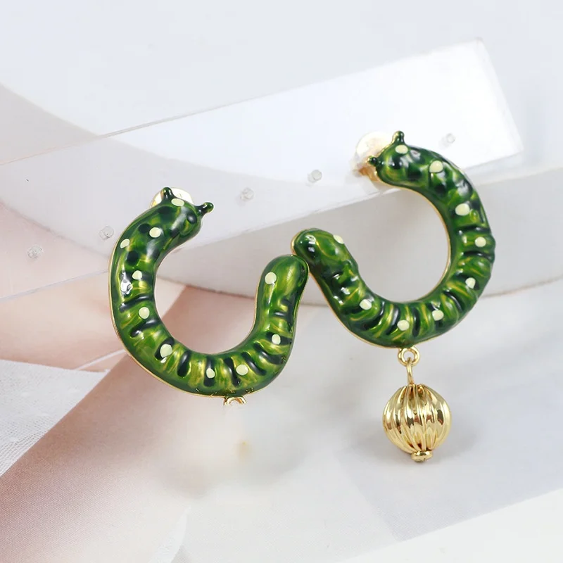 

European and American Hand-Painted Enamel Glaze Caterpillar Asymmetric Shape Golden Ball Logo Semicircle Earrings