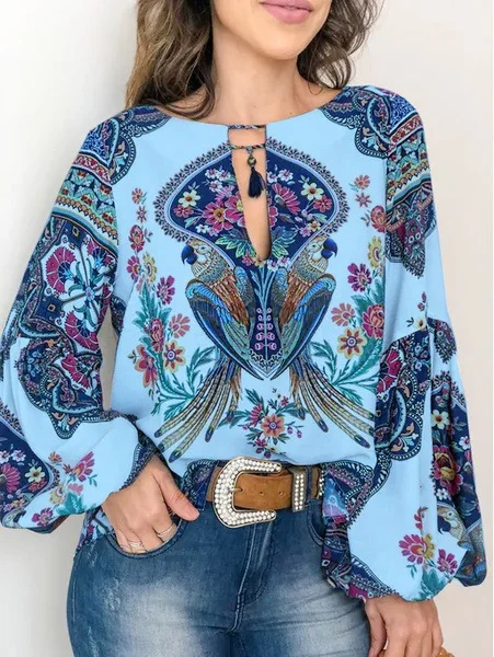 Boho блузка с цветочным принтом, рубашка Женская Повседневная свободная сексуальная с длинным рукавом винтажная Осенняя шикарные блузки женские блузы с рукавами «фонарик» Blusas