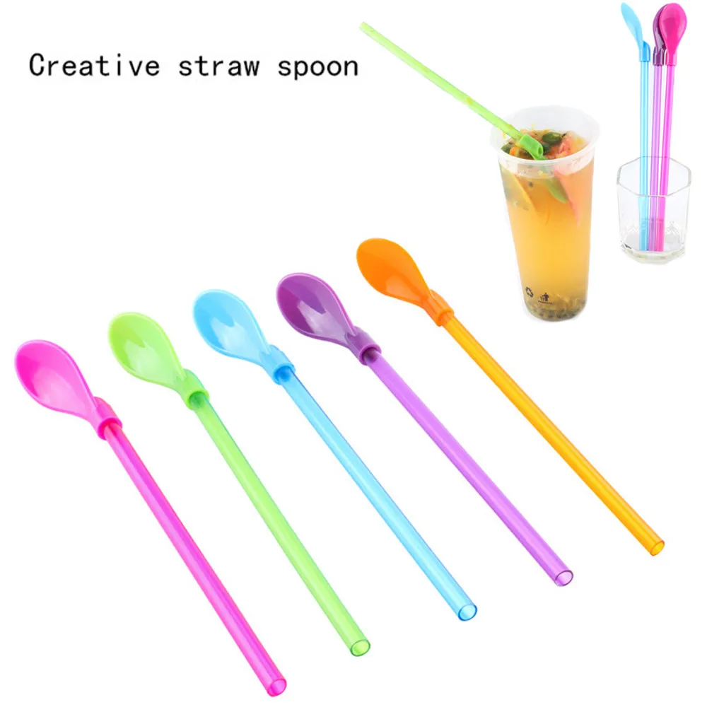Ложки забавные интегрированные соломенные пластиковые ложки Чай с мороженым