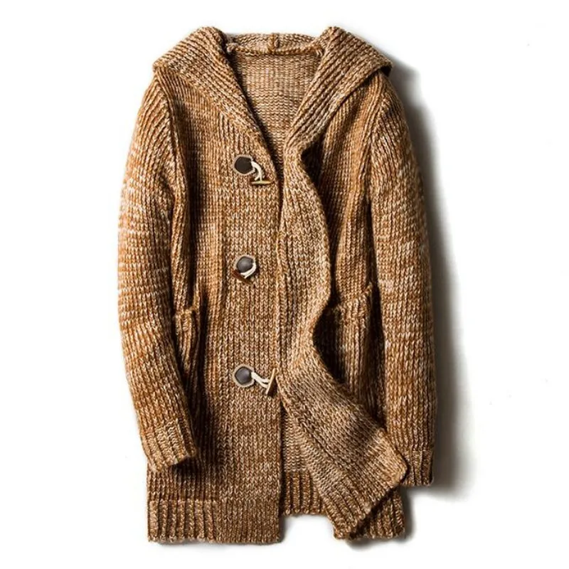 

2021 Hooded Mens Sweater Cardigan Large Size M-5XL Knitted Outwear Coat Personality Buckle Design Long Coat Jaqueta Masculino