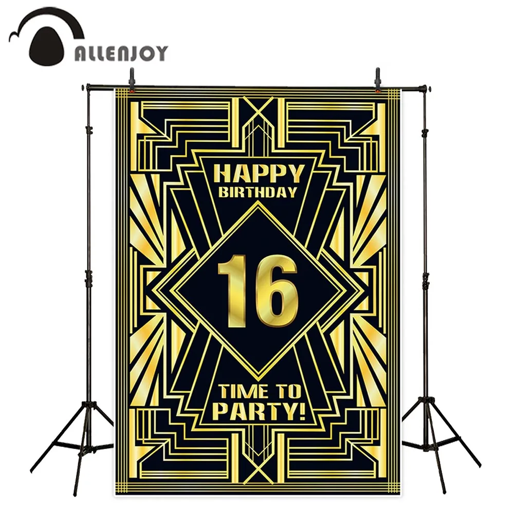 

Allenjoy Happy 16th Birthday Party Supplies Gold Spray Black Pattern Luxurious Baby Shower Adult Banner Great Gatsby Wall Decor