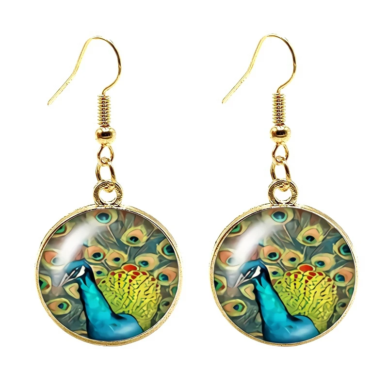 Женские серьги в стиле бохо выпуклые из стекла с узором виде павлиньих перьев