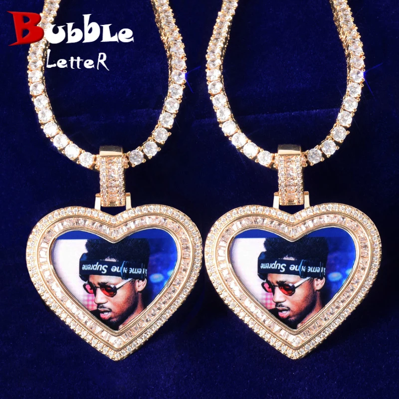 Bubble Letter Custom Photo Necklace for Men Picture Pendant Heart Baguette Charms Solid Back Micro Pave Hip Hop Jewelry | Украшения и