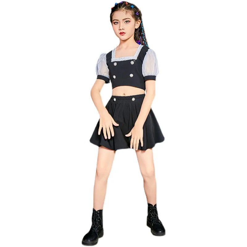 

Children JazzDance Costume Girls Hip Hop Clothing Tops Skirt Black Short Sleeve Hip Hop Suit Cheerleader Dance Wear 120-170CM