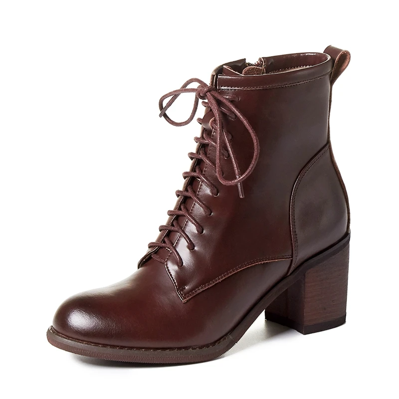 

Genuine Leather Thick high Heels Ankle Boots Women Motorcycle Boots Cross Tied Working Dancing Round Toe Shoes Woman