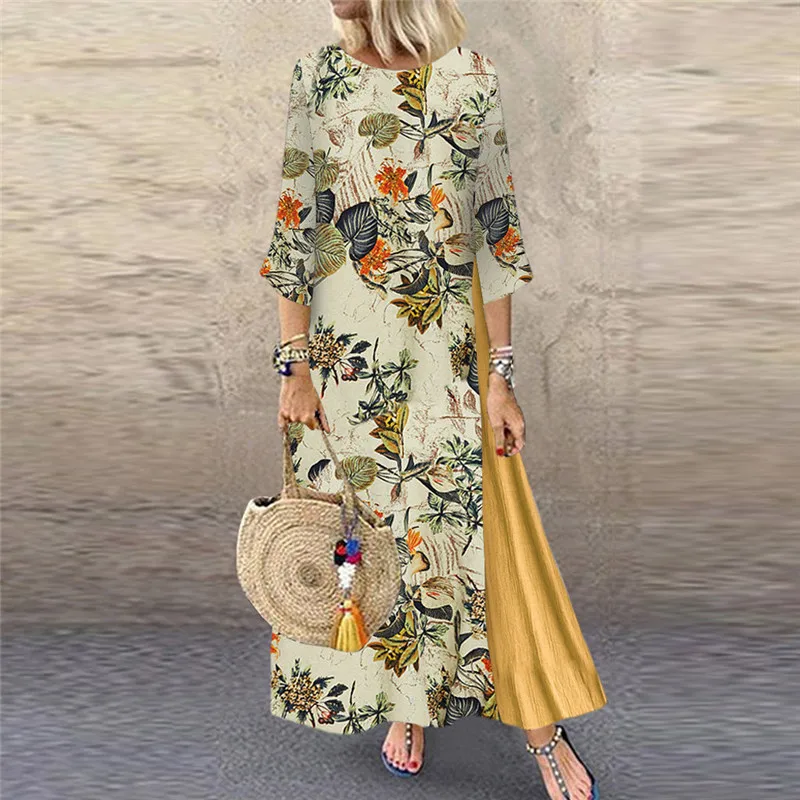 Женское платье макси с цветочным принтом повседневное свободное рукавом 3/4 и