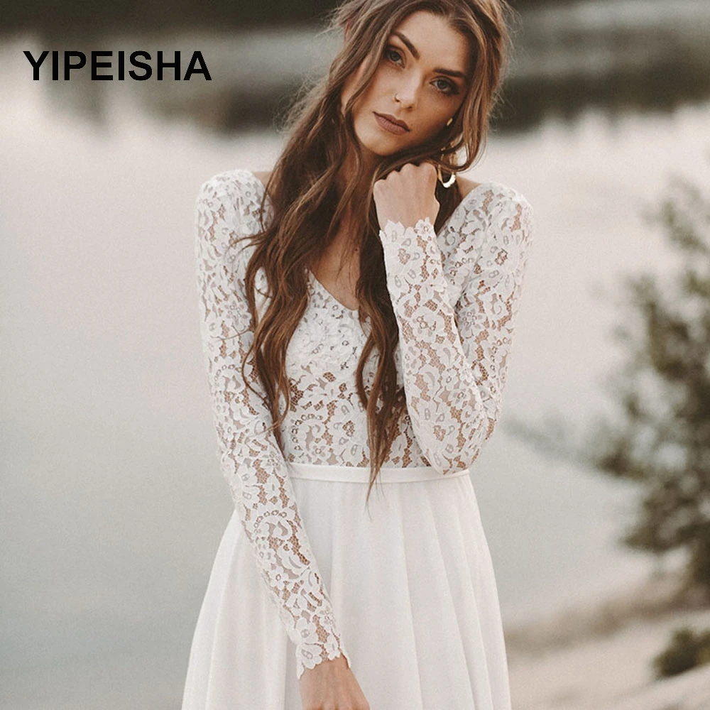 

Beach Dress Long Sleeve Boho V Neck Open Back Party Dresses 2021 Chiffon Princess Lace Prom Gown Blusones