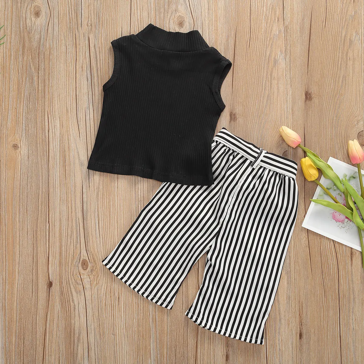 

Girls Sleeveless Two Piece Suit Fashion Ribbed Pullover Vest Top and Stripe Waist Lace Up Long Pants