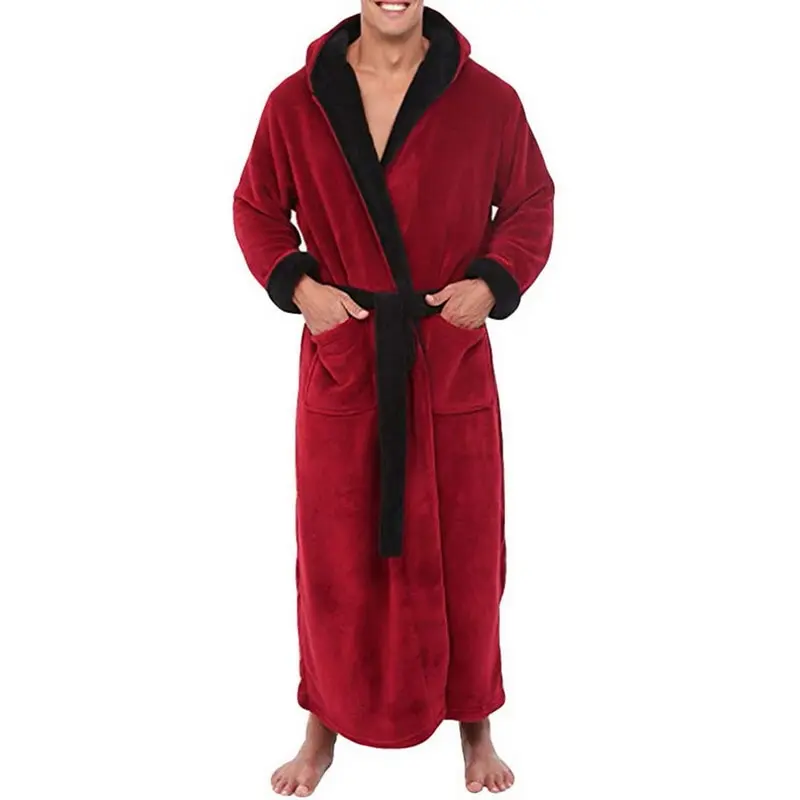 

Men BathRobe Flannel Hooded Thick Casual Winter Autumn Long Kimono Robe Warm Home Sleepwear Bath Robe Pajama Nightgown