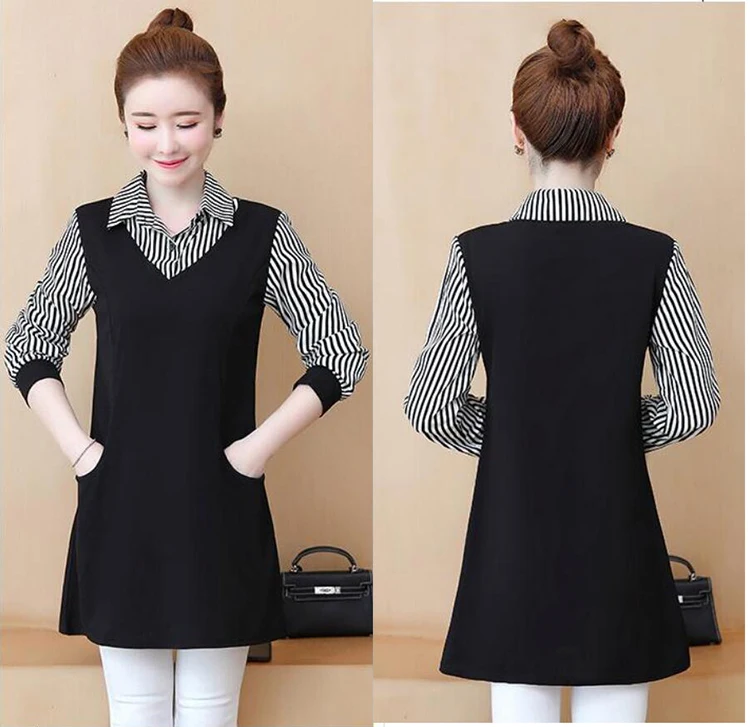 

Plus Size 4XL 5XL Blouse Shirt For Women Female Long Sleeve Patchwork Striped Basic OL Shirts Tops New 2020 Autumn Clothing