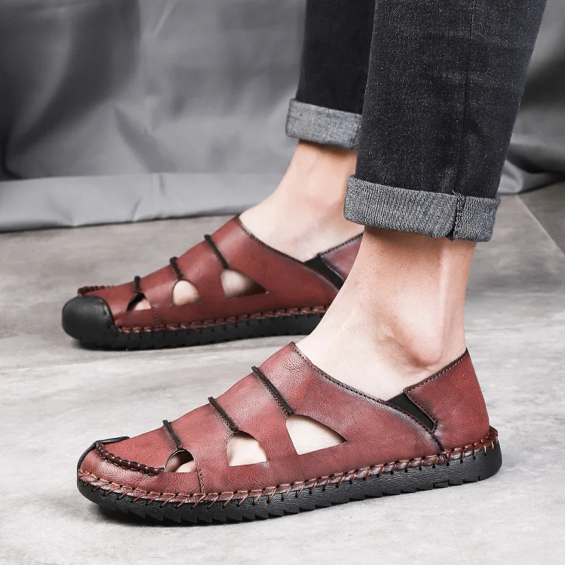 

FIXSYS Summer Leather Men's Sandals Classic Breathable Slip-On Sandals Casual Beach Shoes for Man Outdoor Slides Plus Size 48