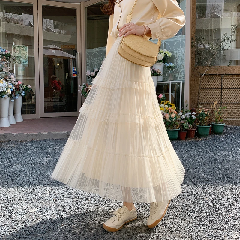 

Sweet Skirt for Girls 2021 Spring and Summer New High Waist Slimming Pleated Tiered Skirt Fairy Mesh Temperament Long Skirt