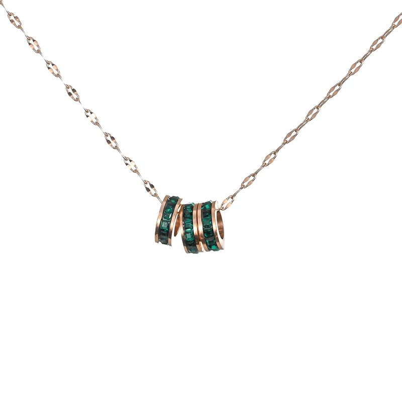 Korean Style Fashion Three Green Geometry Circular Zircon Crystal Pendant Women Necklaces Luxury Rose Gold Choker Chain Jewelry | Украшения