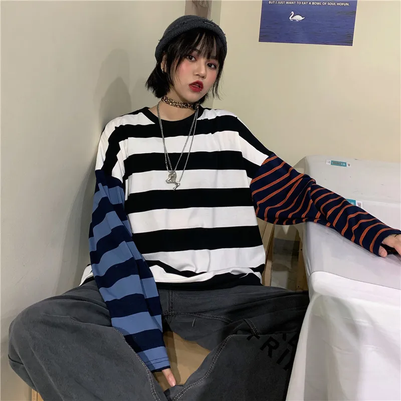 Lychee Harajuku цветная Лоскутная женская футболка, свободная полосатая Осенняя женская футболка с вырезом лодочкой, женские футболки, топы, футболки