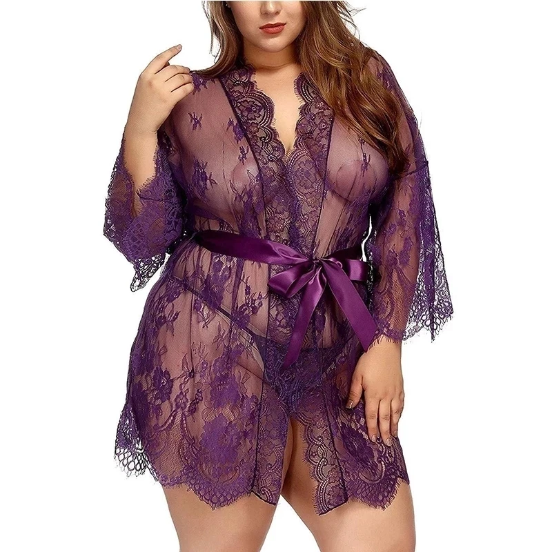 

Summer Womens Lace Bathrobe See Though Lingerie Robe Mini Sex Nightgowns Plus Size Sleepwear Bridesmaid Robes Nightwear