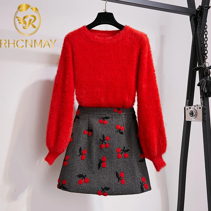 2021 Women Two Piece Set New Fashion Fall Winter Yellow Mohair Lanter Sleeve Pullover And Woolen Embroidery Mini Skirt Set