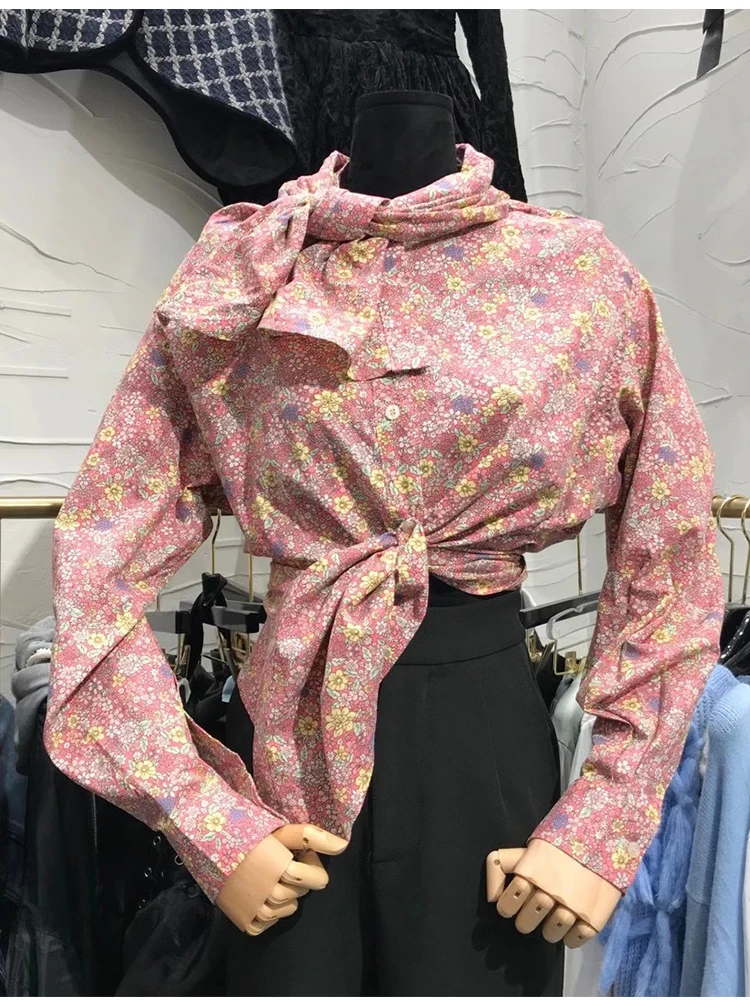 

Free shipping retro printing single-breasted cloak-style bow tie loose shirt ladies autumn new fashion all-match top