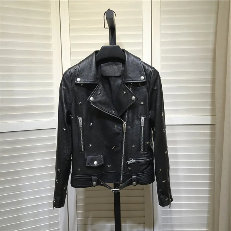 

Женская байкерская куртка из натуральной овечьей кожи, с заклепками, C254, осень 2020