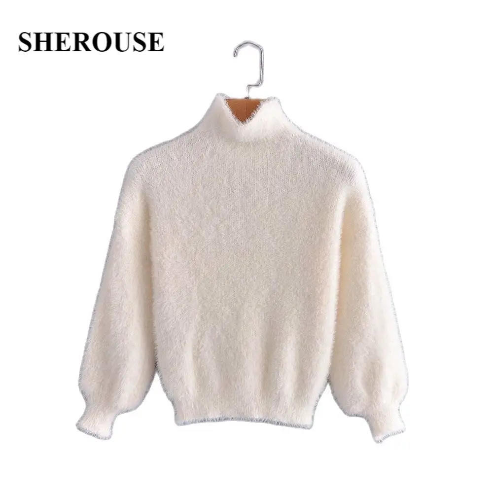 

SHEROUSE Women Fashion Mohair Knitted Sweater Long Lantern Sleeves High Neck Casual Woman Soft Sweater Knit Pullover Top