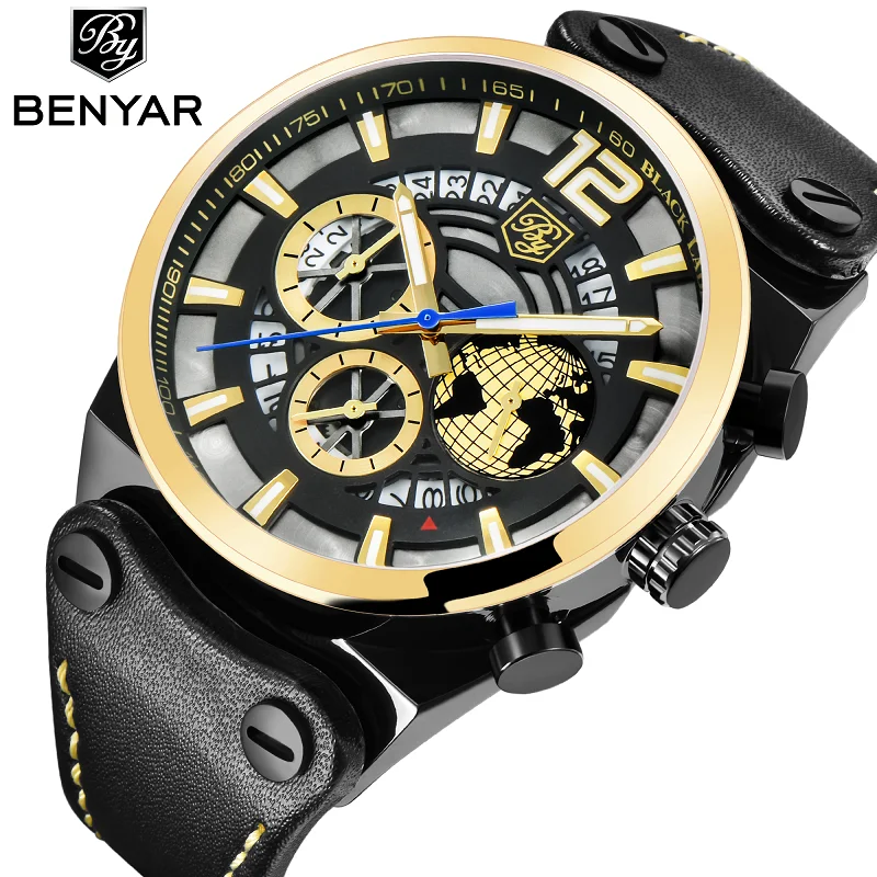 BENYAR Globe часы мужские модные спортивные кварцевые люксовый бренд кожа бизнес