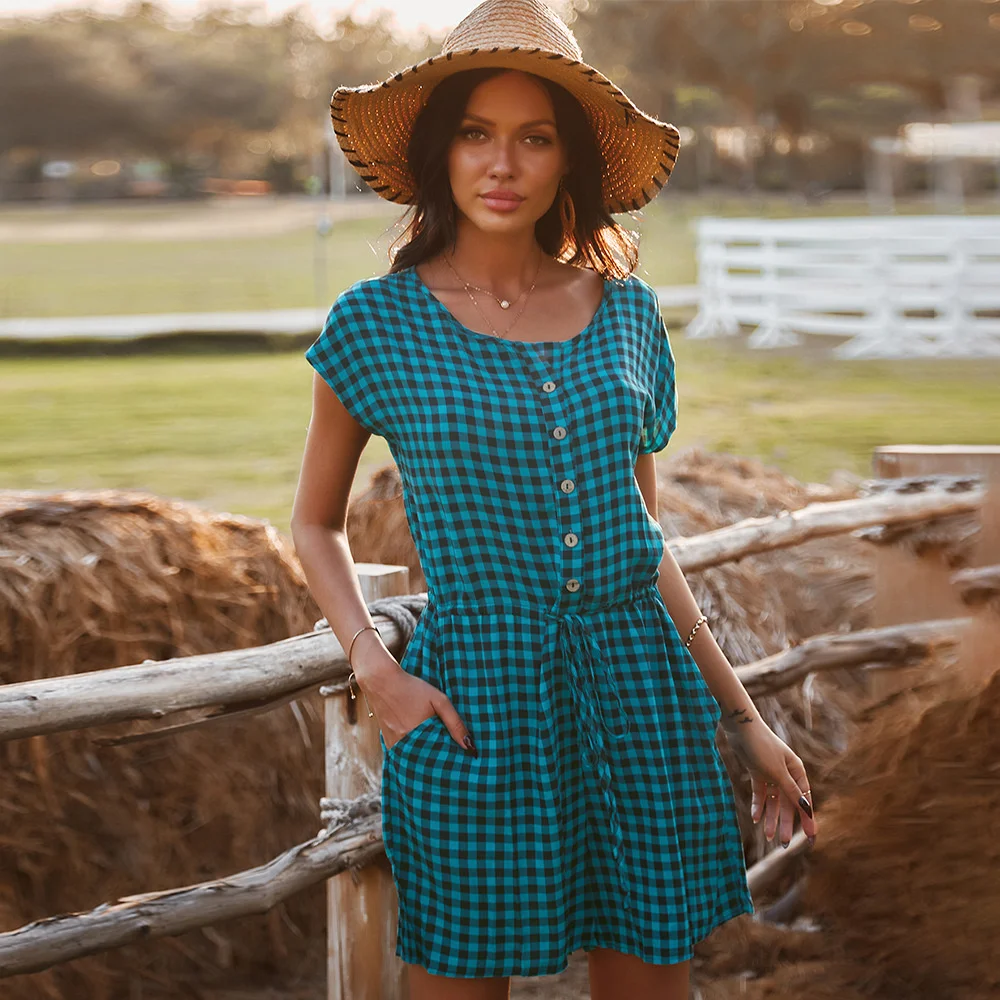 

Summer 2021 Women's Clothing Fashion Plaid Printed Short Sleeve Pure Cotton Holiday Casual Dress Round Neck Plus Size Dresses