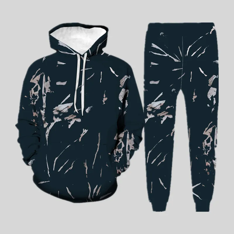 Autumn Trendy Hoodie Sweatshirt Suit Ink Graffiti Hooded Tracksuit Mens Sets Couple Casual Long Sleeve Tops and Pants Outfits
