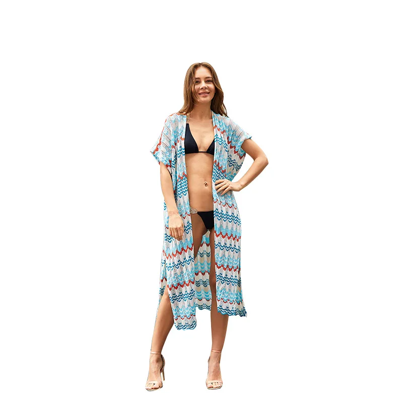 

Swimsuit Cover Up New Color Knitting Strip Tunic Dress Robe High Collar Beachwear Sunscreen Short Sleeve Cardigan for women