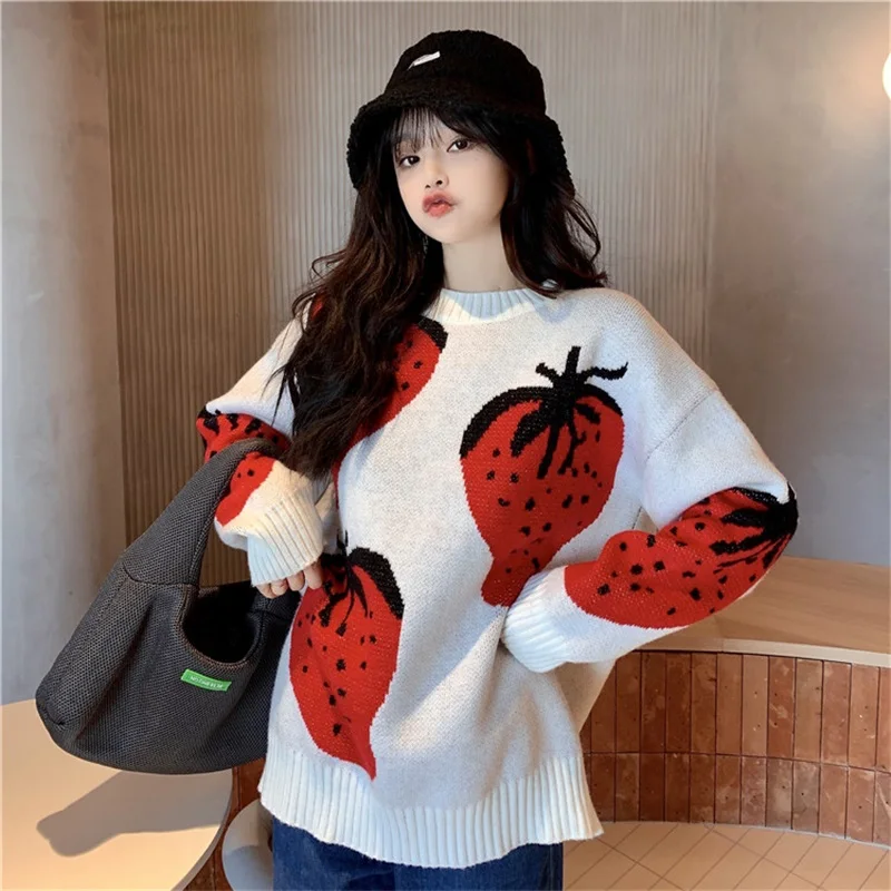 

Preppy Style Japanese Winter Girl JK Pullover Kawaii O-Neck Vintage Strawberry Pattern Full Sleeve Loose Casual Knitting Sweater