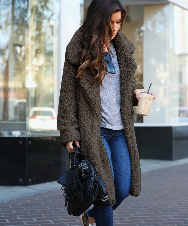 Thick Woolen Long Coat Women Turn-down Collar Autumn Winter Clothes Solid Slim Pocket Office Lady Open Stitch Plus Size Coats