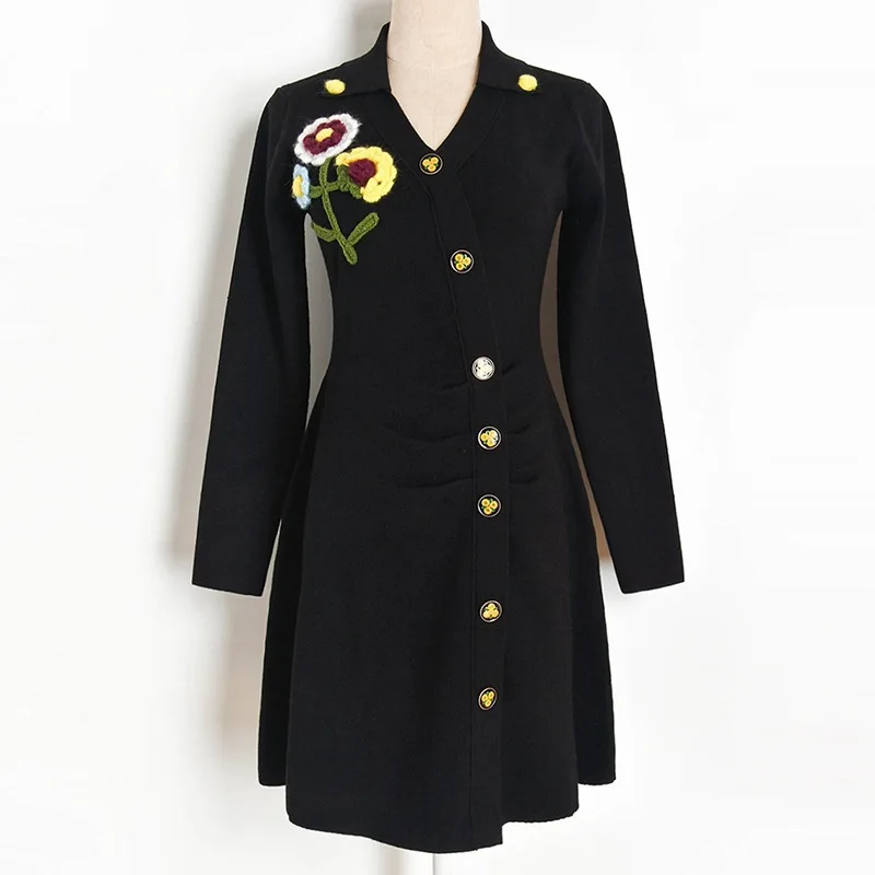 

Women V-Neck Knitted Dress Autumn Flower A-Line Long Sleeve Dress Elegant Office Casual Slim Pullover Short Dress Streetwear