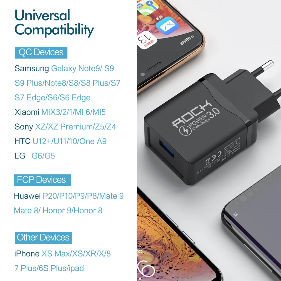 Настенное зарядное устройство ROCK 18 Вт Quick Charge 3 0 USB для Samsung S8 S9 Xiaomi mi QC3.0 FCP