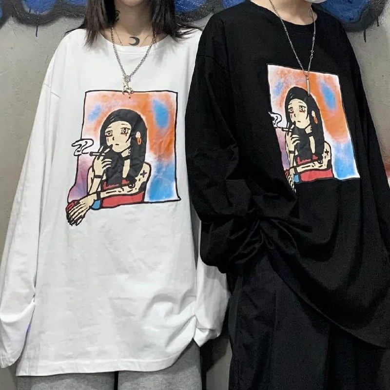 

T-shirt men's and women's Korean fashion Hong Kong Style autumn cartoon character photo printing loose sleeve harajuku goth