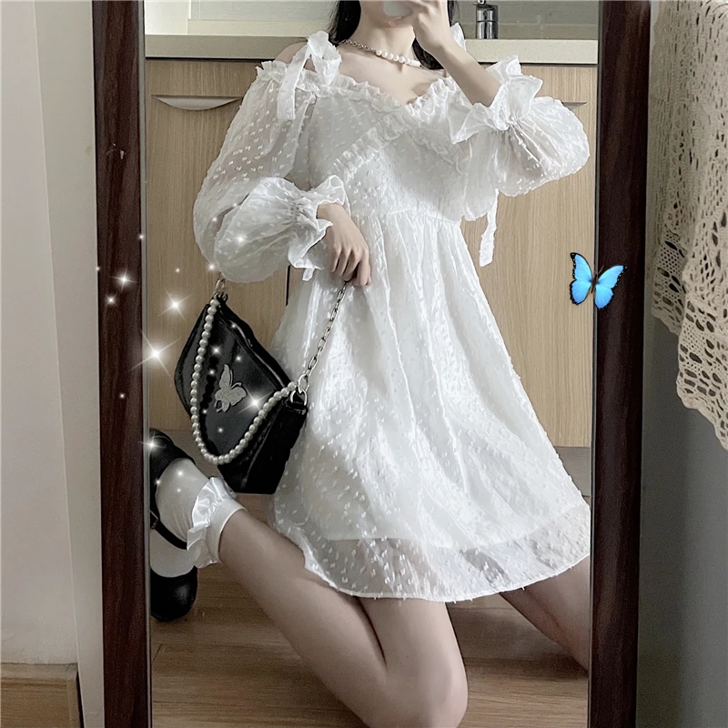 

Zaraing Cute Sweet Women Dresses 2021 The New Spring And Summer Japanese White Chiffon Long Sleeve Hedging Dress