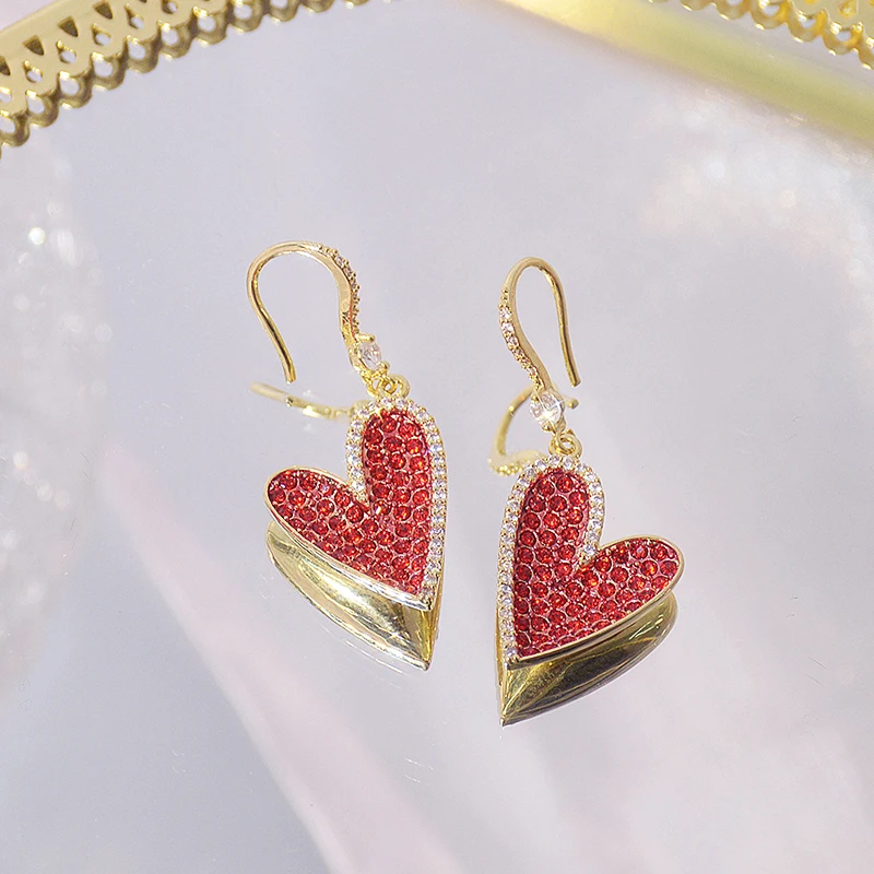 

Luxury 14K Real Gold Red Heart Earrings for Women Jewelry Brilliant AAA Zirconia S925 Silver Needle Stud Wedding Party Hot Gift