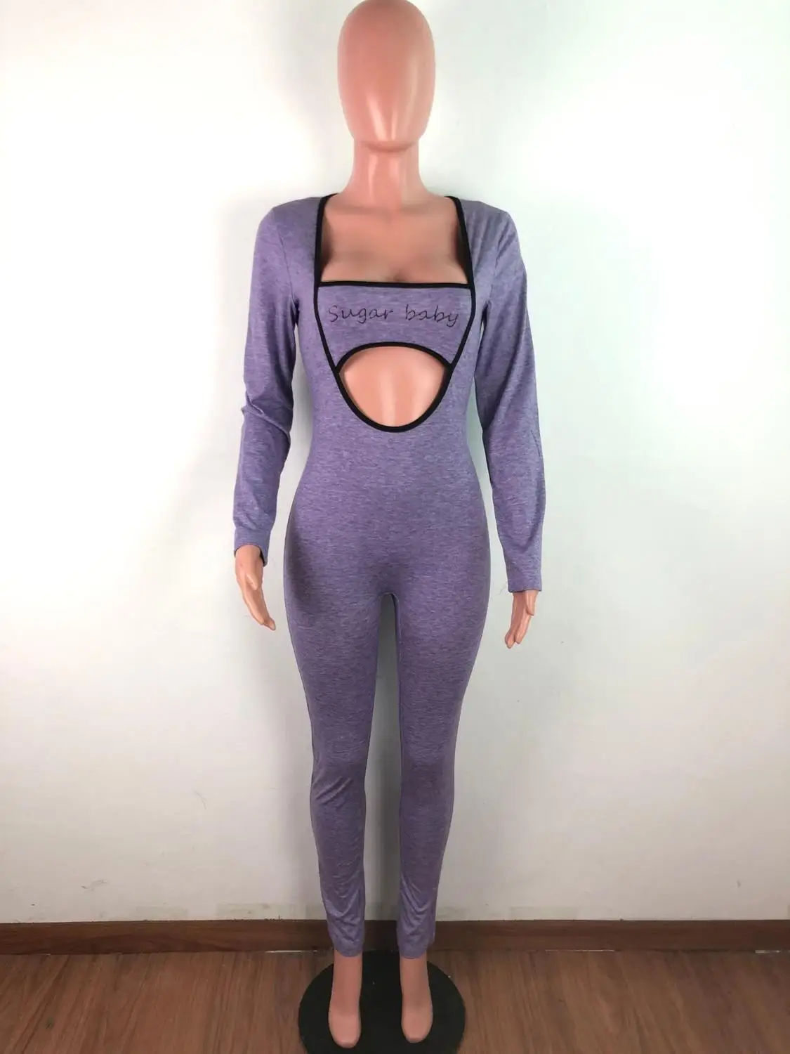 

Fall 2020 new sexy letter print sports Jumpsuit fashion slim square neck long sleeve women's shirt pants