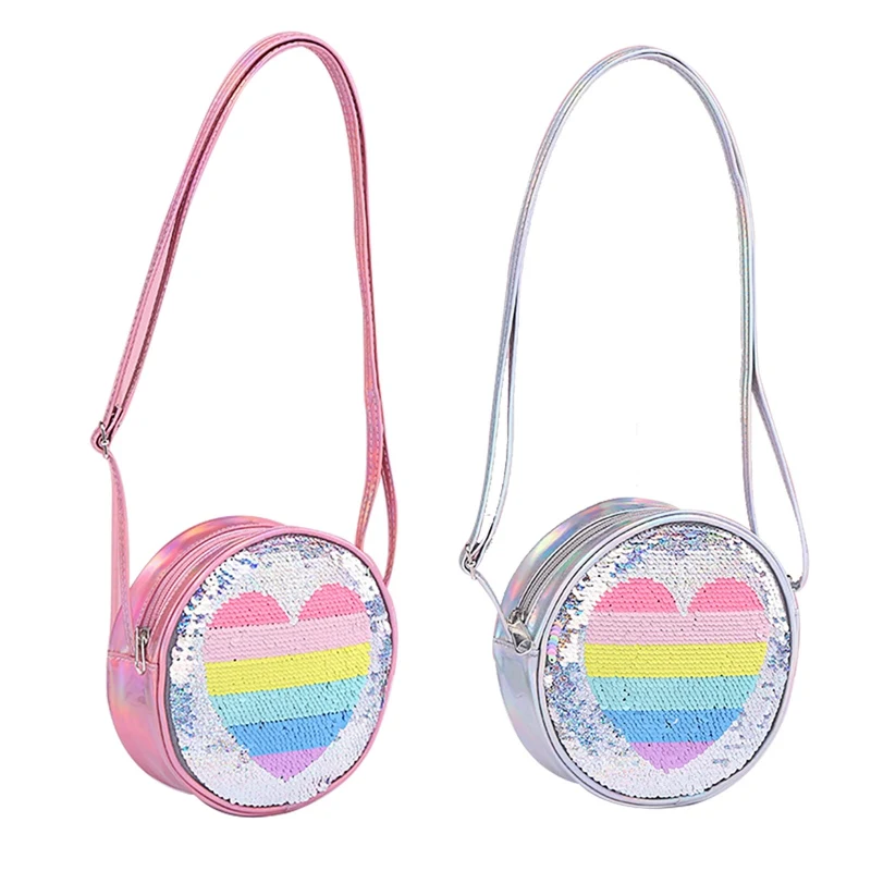 

Round Shoulder Bags Sequins PVC Handbag Children Kids Shoulder Purse Girls Student Outdoor Crossbody Bag Adjustable Belts Totes