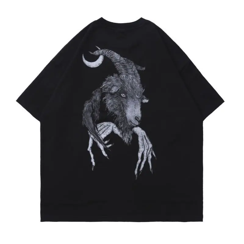 

Hip Hop Streetwear Black T Shirt 2021 Men Goat Printing Embroidery T-Shirt Harajuku Cotton Casual Short Sleeve Tops Tees WQ413