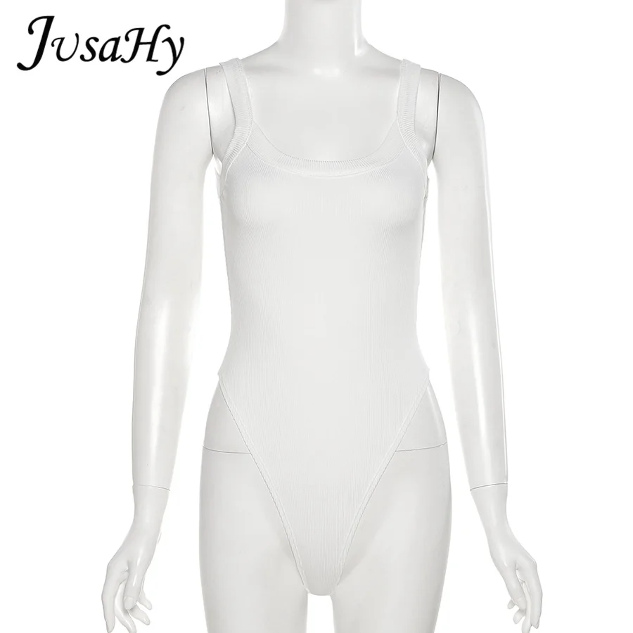 

JusaHy Basic Rib Knitting Solid Bodysuit Women Skinny Slim Sling Sleeveless Chic Streetwear Party Lady Body Suit Blue White New