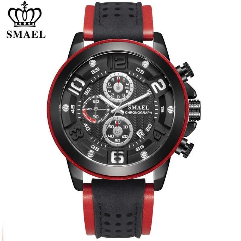 Мужские водонепроницаемые кварцевые часы с хронографом и кожаным