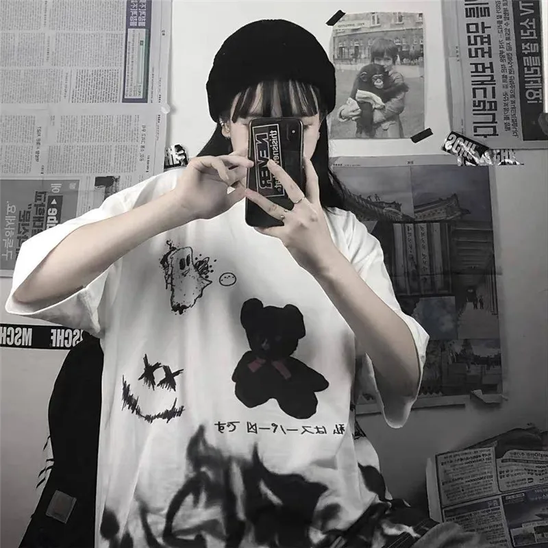 Japan Gray Tshirt Streetwear Loose Summer T Shirt Women Harajuku Punk Short Sleeves T-shirts Tops Tee Hip Hop Loose Tshirt Girls